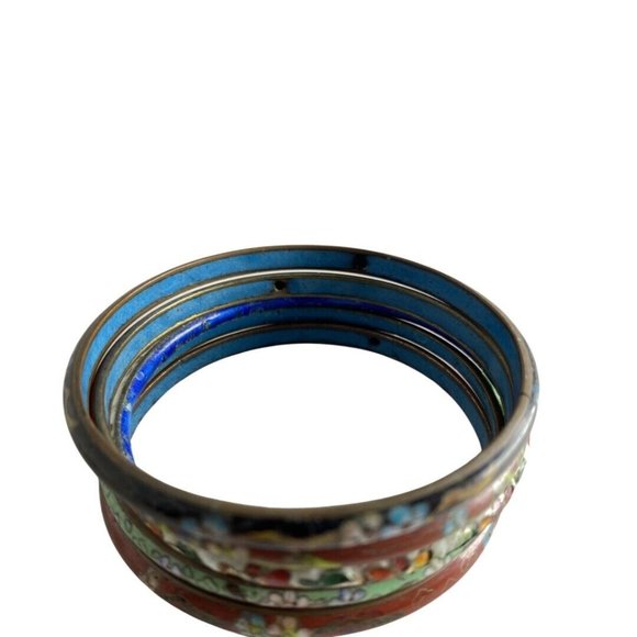 Set of 5 Floral Enamel Cloisonné Bangle Bracelets Estate Jewelry - Picture 3 of 9